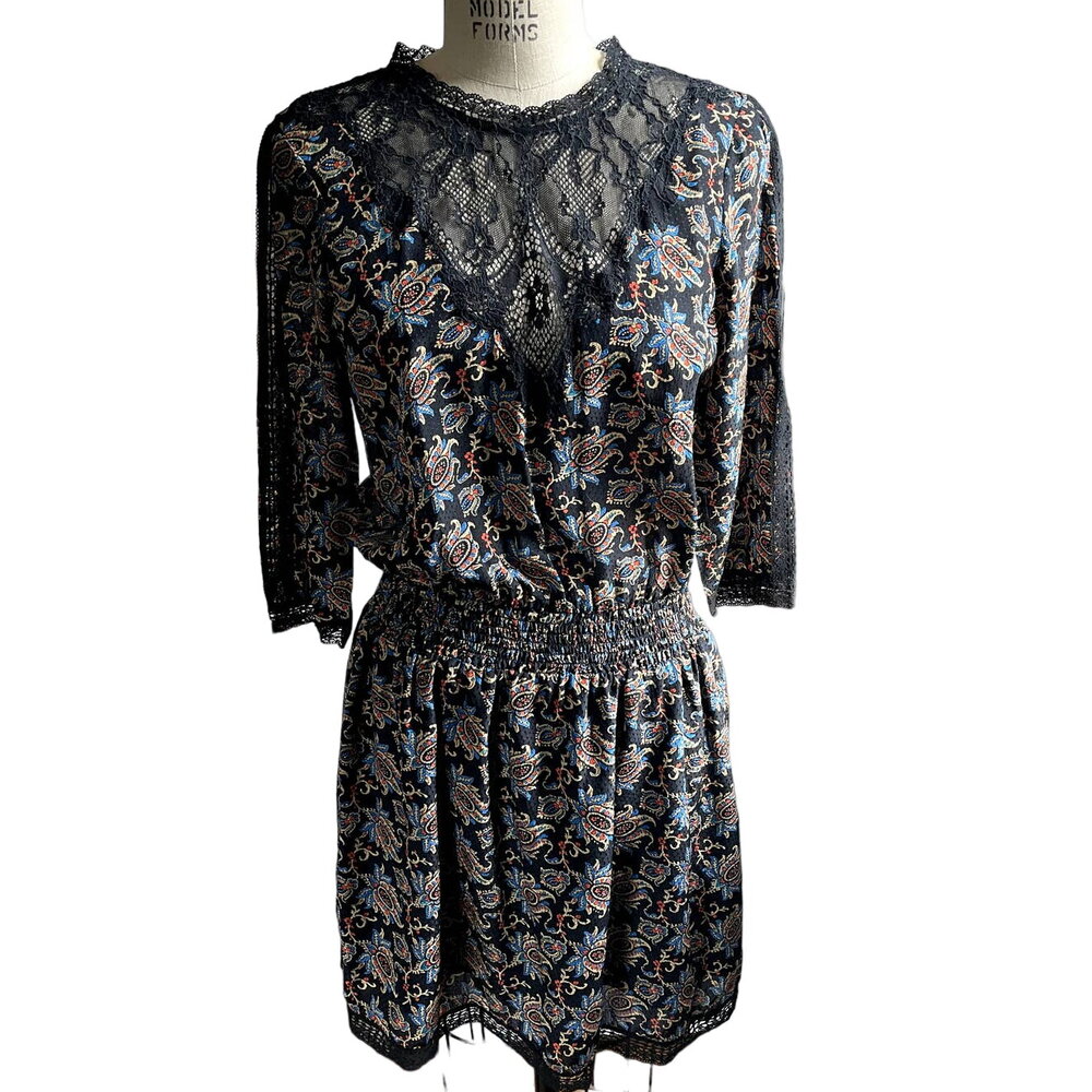 SEA Black Silk Paisley Print & Lace Neckline Dress - size 8